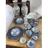 Collection of Oriental wares including some antique blue and white pieces, signed pea hen plate,