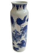 Large Chinese blue and white cylindrical vase decorated with warriors, 45cm.