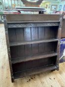 Oak three tier wall shelf with turned pillars, 109cm by 86cm by 19cm.