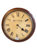 Circular mahogany cased fusee wall clock, the dial printed Darlington, 38cm diameter.