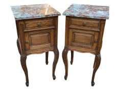 Pair Continental oak and marble topped night stands, 82cm by 40cm by 40cm.