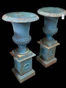 Pair cast Campana style garden urns on stands, 75cm by 34cm diameter.