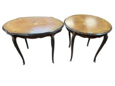 Two Continental floral inlaid and brass mounted occasional tables.