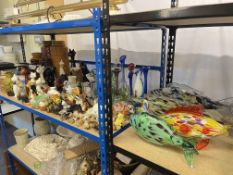 Collection of West German vases, Murano glass fish and long neck cat figurines, glass vases,