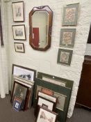 Collection of pictures and oak framed bevelled wall mirror including three Chinese paintings,
