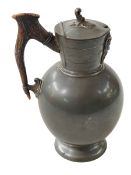 Victorian Britannia metal wine jug with antler handle.