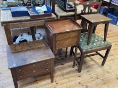 Georgian oak box stool, Chippendale style side chair, mahogany night stand and stool (4).