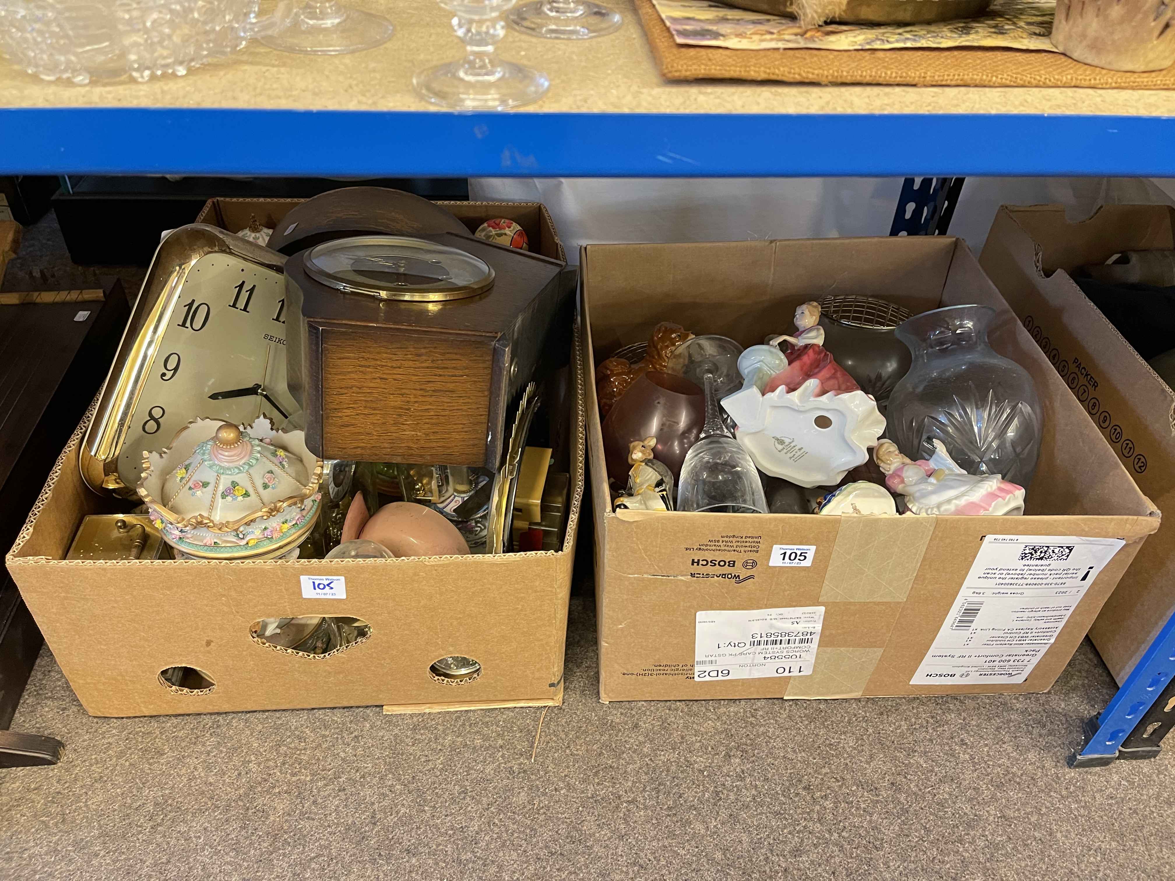 Five boxes of figurines, mantel clocks, military interests, wedding dress, glass, etc. - Image 2 of 4