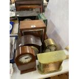 Collection of mantel clocks including 8 days, slate, mahogany inlaid, Elliott green onyx clock etc.