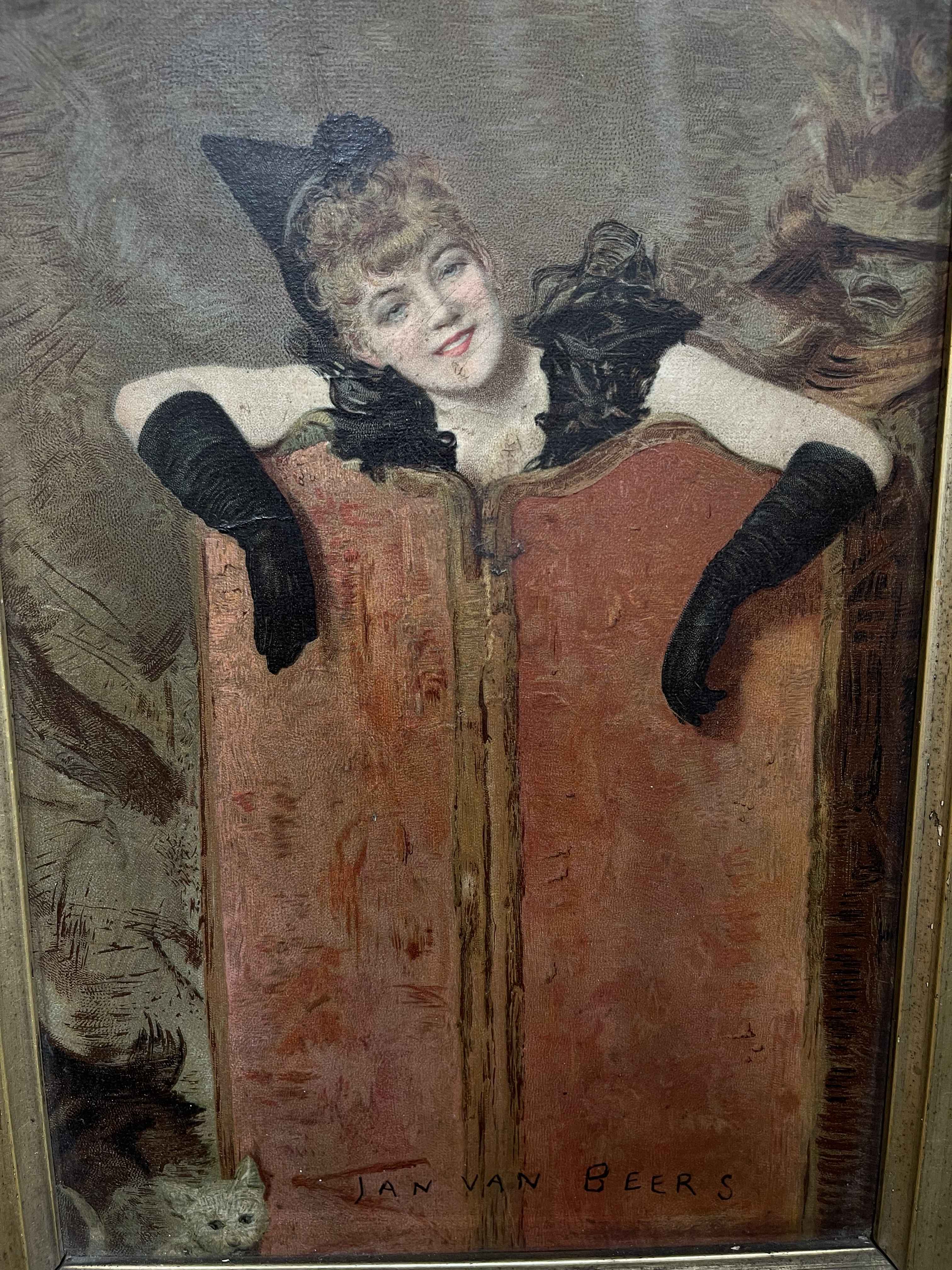 Jan Van Beers, Pierrot looking over a Screen, oil on panel, signed, 25cm by 17.5cm, in gilt frame. - Image 2 of 2