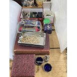 Collection of costume jewellery, cutlery, silver pepper pot, etc.