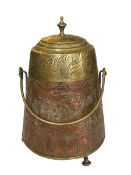 Ornate brass and copper lidded container with handle.