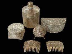 Four Sterling and white metal containers and pair hair comb slides (5).
