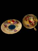 Royal Worcester fruit painted cup and saucer, signed Moseley and H. Ayrton.