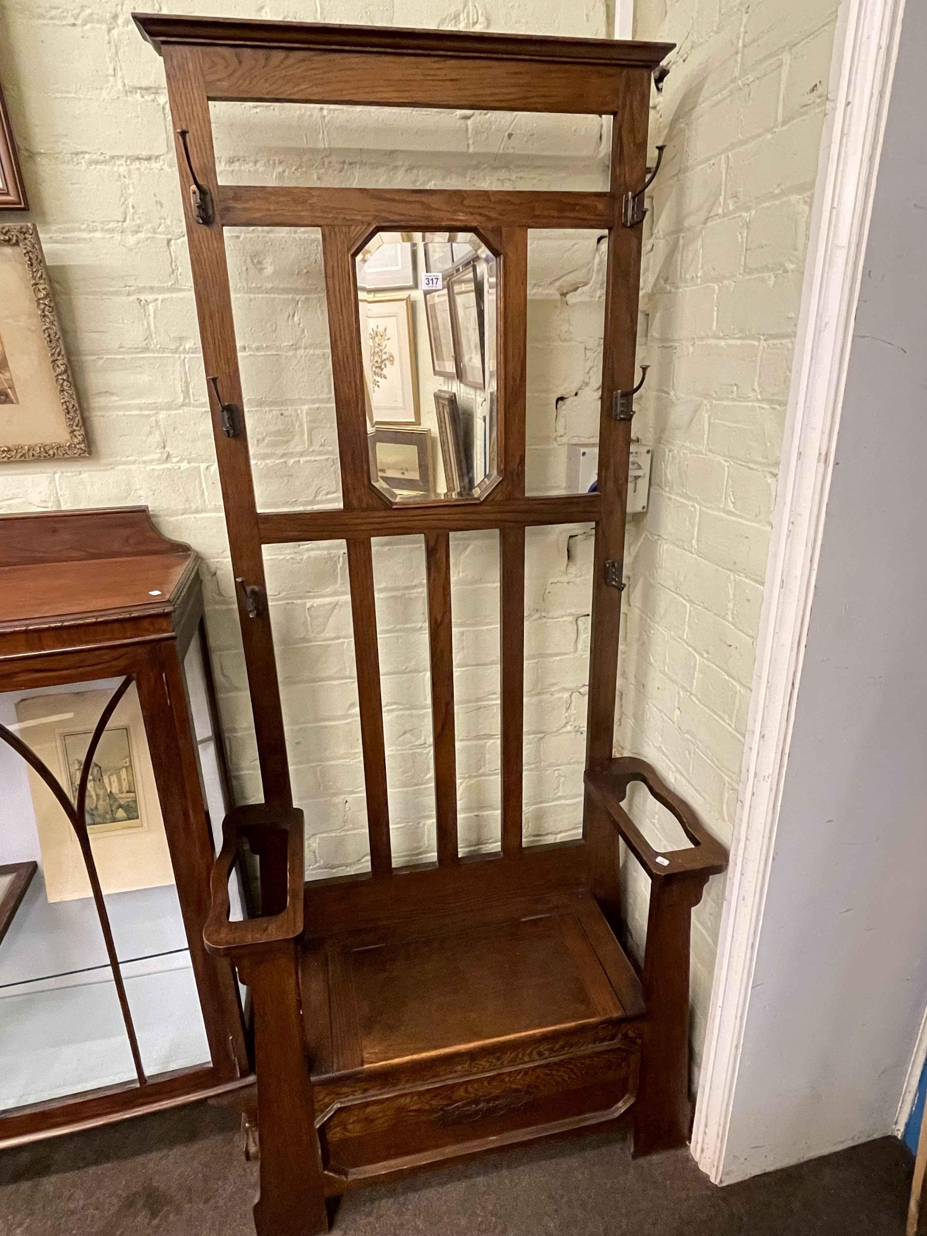 1920's oak hallstand, 191cm by 84cm by 37cm.