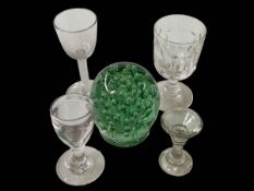 Antique cotton twist stem glass, three other glasses and green dump (3).