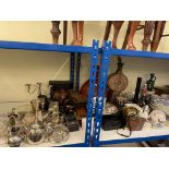 Collection of silver plated wares, table lamps, cameras, tea caddy, decorative porcelain, etc.