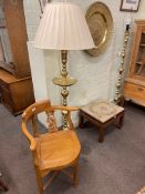 Hardwood corner elbow chair, Oriental needlework seated stool,