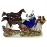 Three Royal Doulton ladies, three Beswick horses and two Beswick pheasants (8).