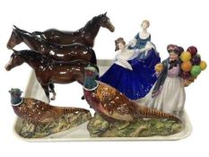 Three Royal Doulton ladies, three Beswick horses and two Beswick pheasants (8).