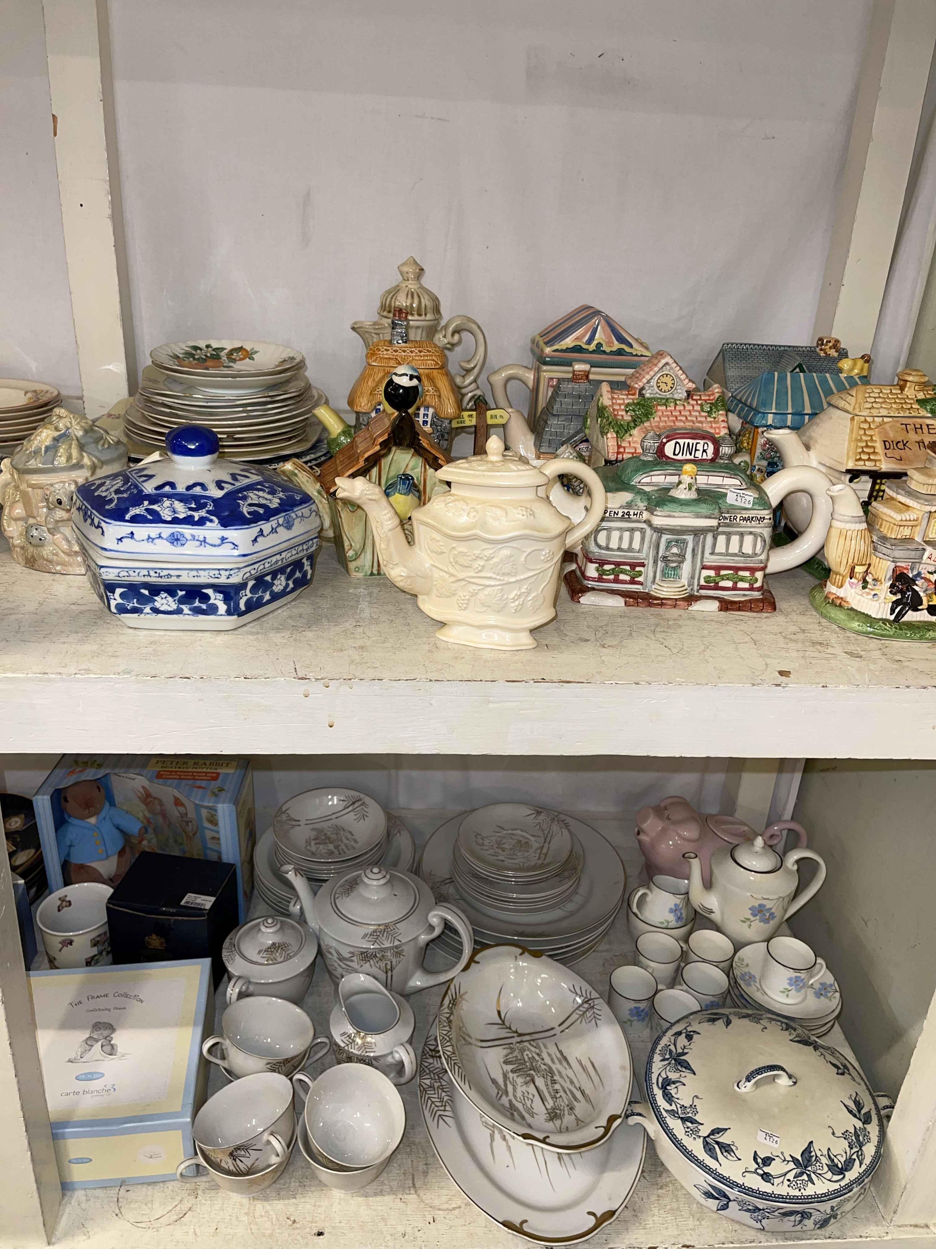 Two full shelves of china, novelty teapots, collectors plates, Piggin Pigs, tableware, Hine Brandy, - Image 4 of 4