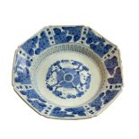Chinese blue and white octagonal dish raised on three feet, 18cm diameter.