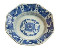 Chinese blue and white octagonal dish raised on three feet, 18cm diameter.