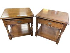 Pair oak and mahogany crossbanded single drawer two tier lamp tables, 58.5cm by 61cm by 51cm.