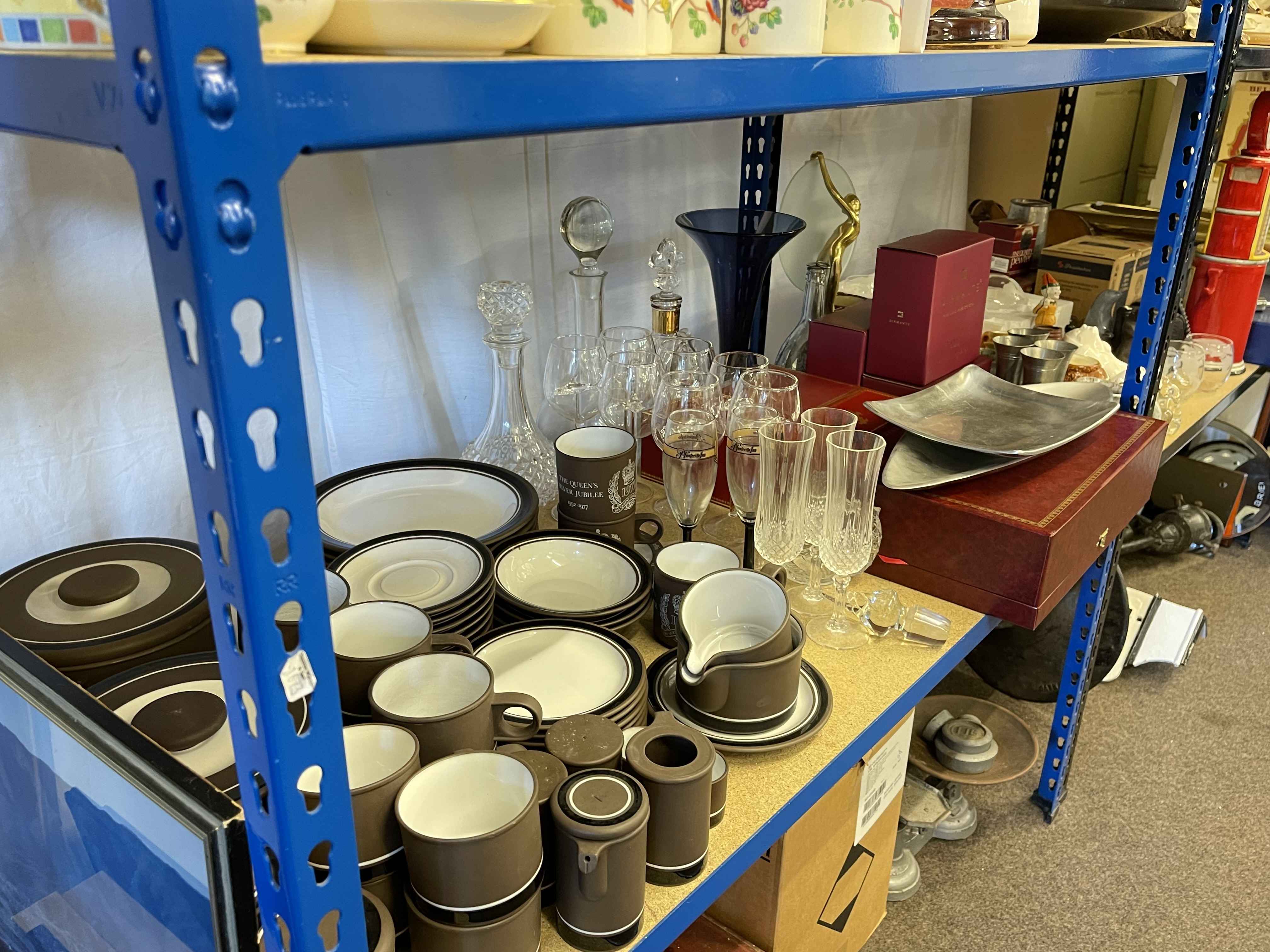 Hornsea tableware, boxed and other glassware including decanters, china, pair of picture lights,