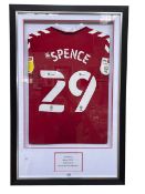 Djed Spence signed Middlesbrough Football shirt, Season 2020/21, 97cm by 63cm.