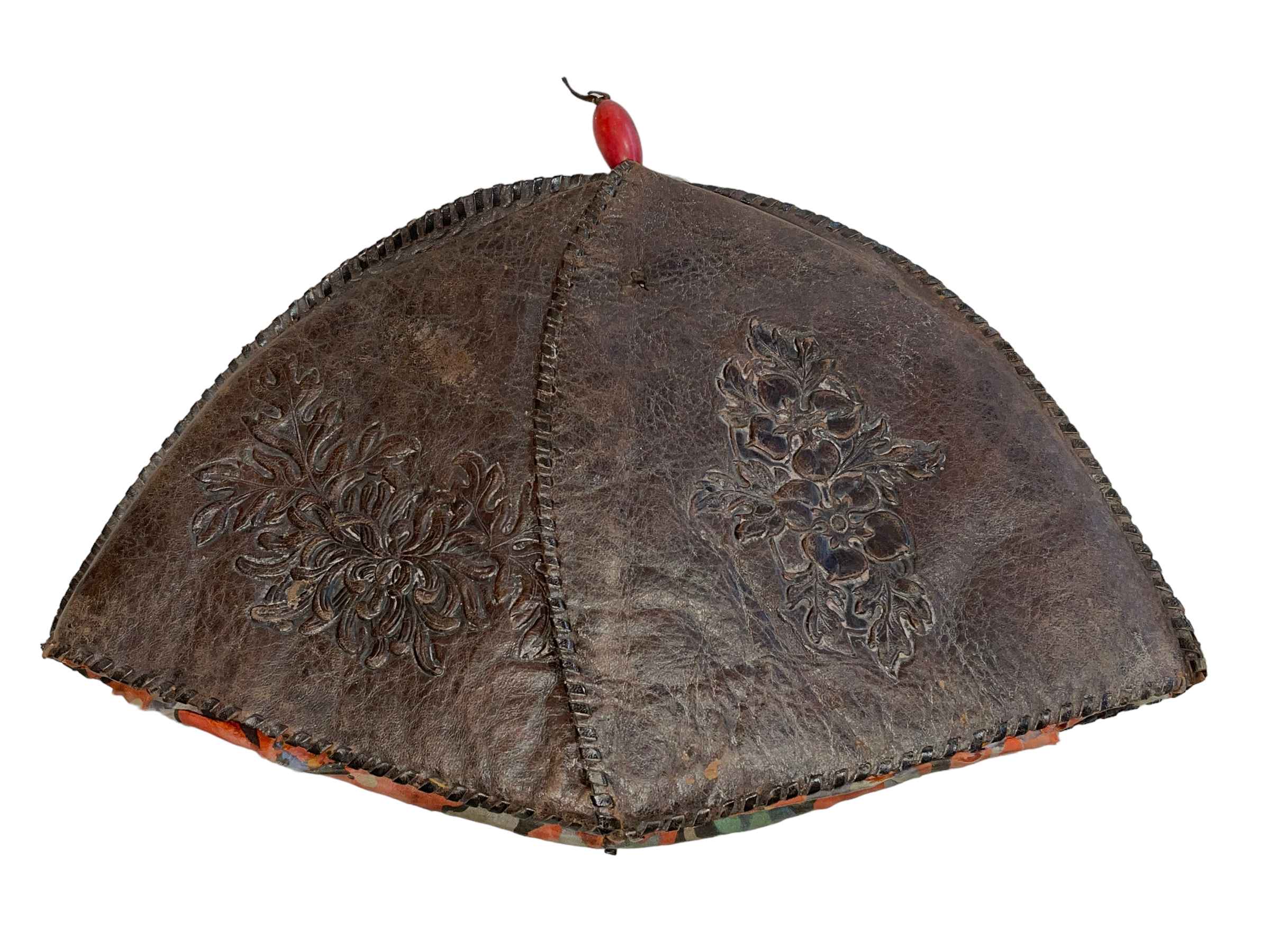 19th Century Chinese leather hat with embossed decoration and red central band. - Image 2 of 2