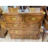 Campaign style chest of two short above three long drawers, 90cm by 86cm by 36cm.