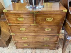 Campaign style chest of two short above three long drawers, 90cm by 86cm by 36cm.