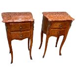 Pair Continental inlaid two drawer marble topped pedestals, 70cm by 40cm by 27cm.