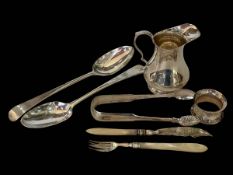 Pair George III silver tablespoons, London 1778, silver cream jug, tongs, napkin ring,