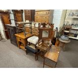 Victorian carved oak corner wall cabinet, Edwardian mahogany three tier cakestand, lamp table,