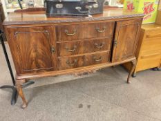 Mahogany bow front sideboard on cabriole legs, 99cm by 139cm by 53cm.