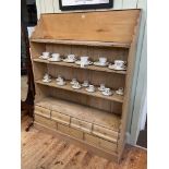 Victorian pine open bookcase with seven base drawers, 159cm by 126cm by 37cm.