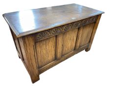 Carved jointed oak triple panel front coffer, 53cm by 92cm by 45cm.