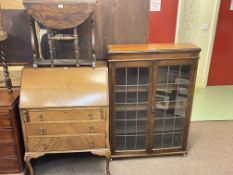 1920's oak leaded glazed two door bookcase,