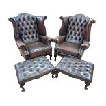 Pair brown deep buttoned and studded leather wing armchairs and footstools.