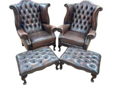 Pair brown deep buttoned and studded leather wing armchairs and footstools.