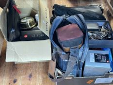 Two boxes of cameras including Leica C1 D-Lux 3 models, etc, and assorted wristwatches.