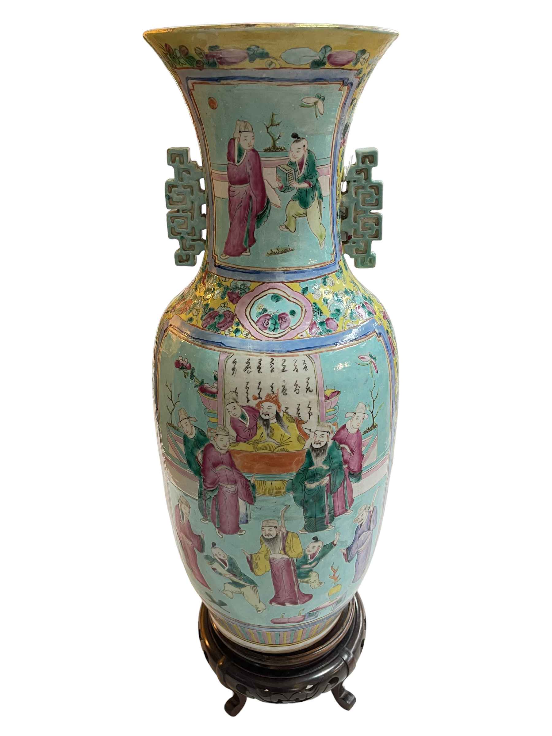 Large Chinese Famille Rose two handled vase decorate with figures on carved wood stand, - Image 3 of 4