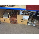 Three boxes of assorted tools, copper kettle, kitchen scales, etc.