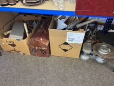 Three boxes of assorted tools, copper kettle, kitchen scales, etc.