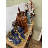 Three large Chinese pottery figures and large carved wood group.