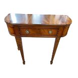 Mahogany and line inlaid D-shaped single drawer console table on reeded tapering legs, 78cm by 90.