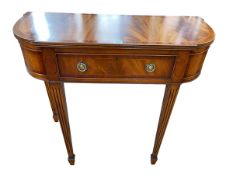 Mahogany and line inlaid D-shaped single drawer console table on reeded tapering legs, 78cm by 90.