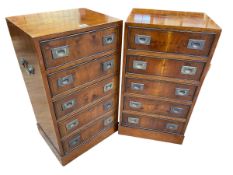 Pair slim yew five drawer campaign style chests, 69cm by 38cm by 30.5cm.